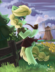 Size: 1600x2092 | Tagged: safe, artist:saxopi, oc, oc only, species:earth pony, species:pony, g4, beautiful, bipedal, bipedal leaning, blouse, clothing, female, leaning, looking at you, mare, netherlands, pipe, pleated skirt, profile, signature, skirt, smoke, smoking, solo, tulip, windmill