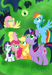 Size: 2784x3984 | Tagged: safe, artist:edcom02, artist:jmkplover, character:applejack, character:fluttershy, character:pinkie pie, character:rainbow dash, character:rarity, character:twilight sparkle, character:twilight sparkle (alicorn), species:alicorn, species:pony, alien, brains!, crossover, glowing eyes, green eyes, mane six, meteor, mind control, the grim adventures of billy and mandy