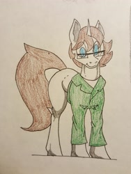 Size: 2988x3984 | Tagged: safe, artist:tracerpainter, oc, oc:paper butt, species:pony, species:unicorn, clothing, coat, glasses, male, simple background, solo, traditional art
