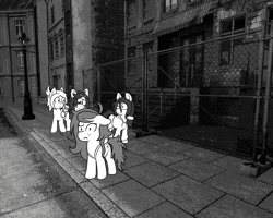 Size: 1280x1024 | Tagged: safe, artist:scraggleman, character:wallflower blush, oc, oc:floor bored, oc:home sick, oc:paradise skies, species:earth pony, species:pony, fence, monochrome, story included, story:lost and found, street lamp