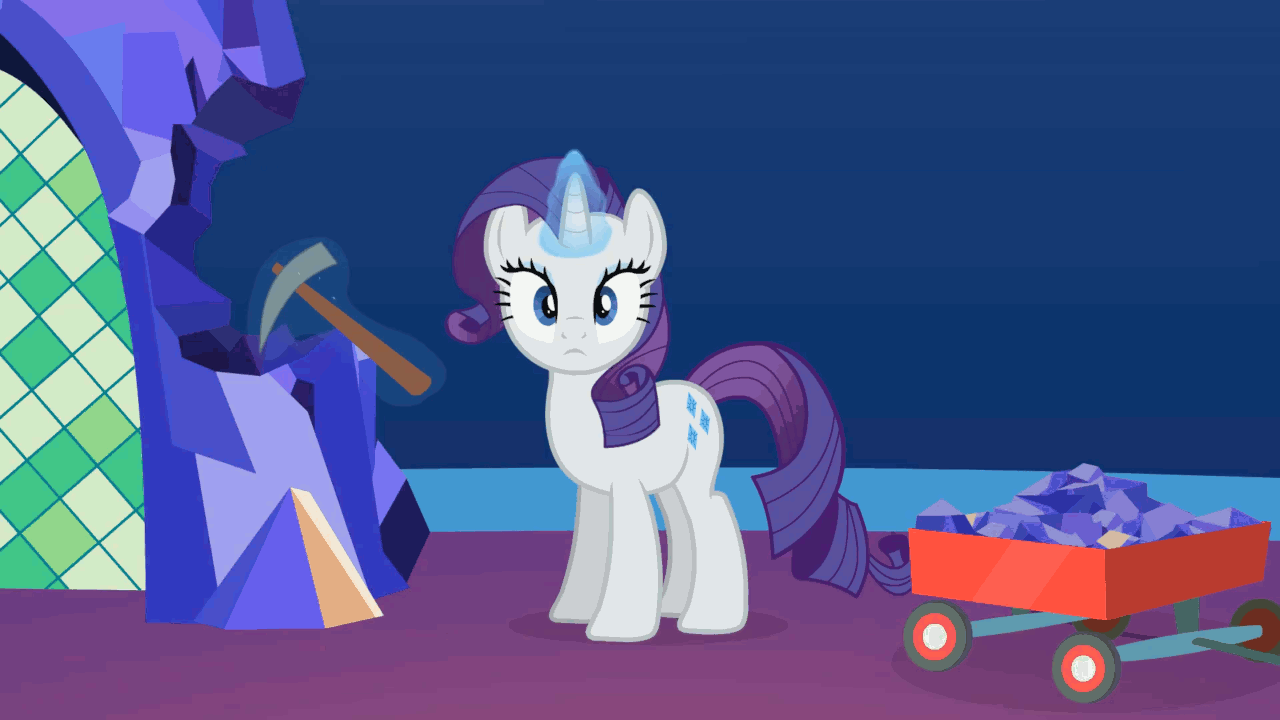 Size: 1280x720 | Tagged: safe, artist:forgalorga, character:rarity, species:pony, species:unicorn, animated, cart, female, glowing horn, levitation, looking at you, magic, mare, mining, pickaxe, pony and magical artifact, solo, telekinesis, twilight's castle, youtube link