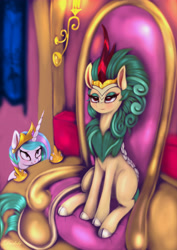 Size: 4250x6000 | Tagged: safe, artist:darksly, character:princess celestia, character:rain shine, species:alicorn, species:kirin, species:pony, absurd resolution, canterlot, cloven hooves, commission, duo, jealous, sad, sitting, throne, usurpation