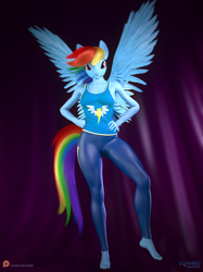 Size: 1000x1334 | Tagged: safe, artist:eqamrd, character:rainbow dash, species:anthro, species:pegasus, species:plantigrade anthro, species:pony, 3d, 3ds max, barefoot, breasts, clothing, feet, female, leggings, looking at you, mare, multicolored hair, solo, spread wings, tail, uniform, wings, wonderbolts uniform