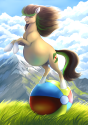Size: 2480x3507 | Tagged: safe, artist:nsfwbonbon, oc, oc:verdant ardea, species:earth pony, species:pony, ball, belly, big belly, eyes closed, female, happy, mare, pregnant, solo, this will end in pain, windswept mane