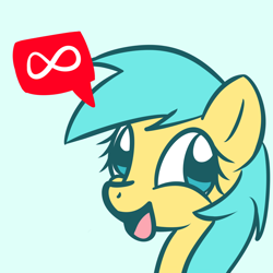 Size: 1280x1280 | Tagged: safe, artist:datahmedz, character:sunshower raindrops, species:pegasus, species:pony, ask, blue background, derp, female, infinity symbol, looking at you, mare, open mouth, raindropsanswers, simple background, smiling, solo, tumblr