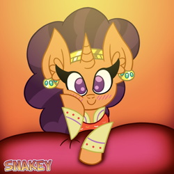 Size: 768x768 | Tagged: safe, artist:snakeythingy, character:saffron masala, species:pony, species:unicorn, blushing, chef, cute, ear piercing, earring, female, jewelry, looking at you, mare, piercing, saffronbetes, smiling, solo, staring contest