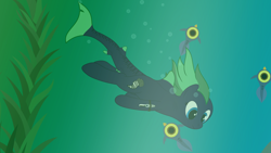 Size: 7680x4320 | Tagged: safe, alternate version, artist:waveywaves, oc, oc only, oc:middy, absurd resolution, air bubble, cropped, kelp, original species, peeper (subnautica), shark pony, subnautica, swimming, underwater, wreck