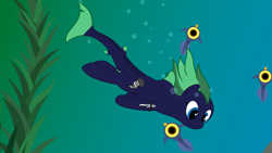 Size: 15360x8640 | Tagged: safe, alternate version, artist:waveywaves, oc, oc only, oc:middy, absurd resolution, air bubble, cropped, kelp, original species, peeper (subnautica), shark pony, subnautica, swimming, underwater, wreck