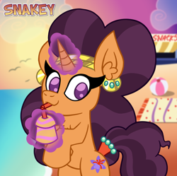 Size: 770x768 | Tagged: safe, artist:snakeythingy, character:saffron masala, species:pony, beach, drink, magic, no clothes, unicorn magic