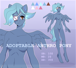 Size: 2000x1800 | Tagged: safe, artist:tigra0118, oc, oc only, species:anthro, species:pegasus, species:plantigrade anthro, species:pony, adoptable, advertisement, barefoot, breasts, featureless breasts, feet, female, nudity, paypal, solo