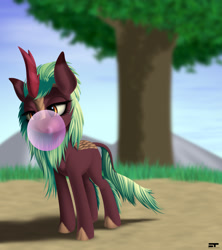Size: 2400x2700 | Tagged: safe, artist:styroponyworks, character:cinder glow, character:summer flare, species:kirin, episode:sounds of silence, g4, my little pony: friendship is magic, background kirin, blowing, bubblegum, female, food, gum, open mouth, solo, tree