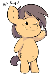 Size: 1600x2224 | Tagged: safe, artist:sidekick, oc, oc only, oc:kribbles, species:earth pony, species:pony, $, cute, hoof hold, male, pencil, simple background, smiling, stallion, standing, text, white background