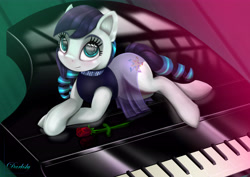 Size: 6000x4250 | Tagged: safe, artist:darksly, character:coloratura, species:earth pony, species:pony, clothing, cute, dress, female, flower, looking at you, mare, piano, rara, rose, smiling, solo