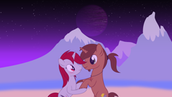 Size: 7680x4320 | Tagged: safe, artist:waveywaves, oc, oc only, oc:coppercore, oc:waves, species:pony, marriage proposal, mountain, mountain range, planet, shipping, space