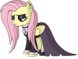 Size: 5000x3796 | Tagged: safe, artist:n0kkun, character:fluttershy, species:pegasus, species:pony, episode:fake it 'til you make it, black dress, clothing, dress, ear piercing, female, fluttergoth, folded wings, lidded eyes, looking down, mare, piercing, png, simple background, solo, three quarter view, transparent background, vector, wings