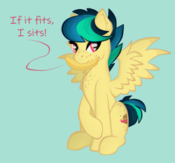 Size: 1111x1032 | Tagged: safe, artist:virenth, oc, oc only, oc:apogee, species:pegasus, species:pony, banana, female, food, if i fits i sits, looking at you, mouth hold, simple background, sitting, solo