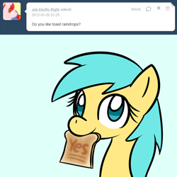 Size: 750x750 | Tagged: safe, artist:datahmedz, character:sunshower raindrops, species:pony, ask, bread, female, food, mouth hold, raindropsanswers, solo, toast, tumblr
