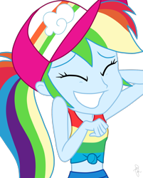 Size: 1440x1791 | Tagged: safe, artist:ilaria122, character:rainbow dash, equestria girls:spring breakdown, g4, my little pony: equestria girls, my little pony:equestria girls, spoiler:eqg series (season 2), arm behind head, awkward smile, cap, clothing, cute, dashabetes, eyes closed, grin, hat, midriff, nervous, nervous grin, pants, ponytail, simple background, sleeveless, smiling, tank top, transparent background