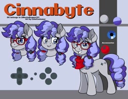 Size: 486x376 | Tagged: safe, artist:latecustomer, oc, oc only, oc:cinnabyte, species:earth pony, species:pony, angry, blushing, bow, controller, cutie mark, earth pony oc, embarrassed, female, glasses, hair bow, mare, neckerchief, pigtails, reference sheet, smiling, solo, standing