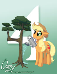 Size: 800x1035 | Tagged: safe, artist:omny87, character:applejack, species:earth pony, species:pony, season 9, 4, applejack's hat, clothing, countdown, cowboy hat, female, freckles, hat, hype, mare, mouth hold, solo, tree, watering can