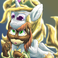 Size: 1584x1584 | Tagged: safe, artist:firefanatic, character:catrina, character:princess celestia, species:abyssinian, g1, alternate mane color, big ears, clothing, fluffy, g1 to g4, generation leap, glow, jewelry, regalia, robe