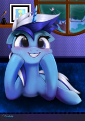 Size: 4250x6000 | Tagged: safe, artist:darksly, character:minuette, species:pony, species:unicorn, cute, female, grin, lying down, mare, minubetes, shiny teeth, smiling, solo, squishy cheeks, toothbrush