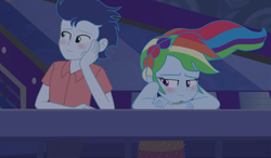 Size: 1870x1090 | Tagged: safe, artist:ilaria122, character:rainbow dash, character:soarin', ship:soarindash, equestria girls:spring breakdown, g4, my little pony: equestria girls, my little pony:equestria girls, spoiler:eqg series (season 2), blushing, bracelet, braid, clothing, dress, equestria girls-ified, female, geode of super speed, jewelry, looking away, magical geodes, male, pants, ponytail, shipping, shirt, smiling, straight, windswept hair, yacht