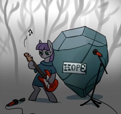 Size: 800x750 | Tagged: safe, artist:tomatocoup, character:boulder, character:maud pie, character:tom, species:earth pony, species:pony, 30 minute art challenge, band, bass guitar, boulder, female, forest, guitar, hoof hold, hope, mare, microphone, music, music notes, musical instrument, pet rock, rock, sign, solo, standing, text, tree