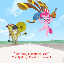 Size: 900x896 | Tagged: safe, artist:kturtle, character:cranky doodle donkey, character:pinkie pie, species:donkey, species:earth pony, species:pony, duo, female, guitar, male, one-man band, yovidaphone