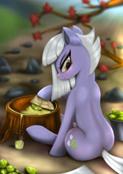 Size: 4250x6000 | Tagged: safe, artist:darksly, character:limestone pie, species:earth pony, species:pony, absurd resolution, cute, female, juice, limabetes, lime, lime juice, looking back, mare, profile, rock, rock farm, serious, serious face, solo, tree stump