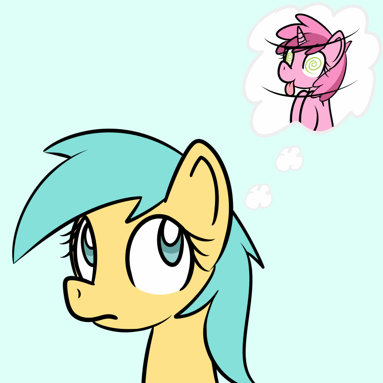 Size: 750x750 | Tagged: safe, artist:datahmedz, character:ruby pinch, character:sunshower raindrops, species:pony, animated, ask, female, gif, raindropsanswers, swirly eyes, thought bubble, tongue out, tumblr