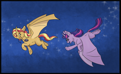 Size: 1422x874 | Tagged: safe, artist:haretrinity, character:sunset shimmer, character:twilight sparkle, character:twilight sparkle (scitwi), species:alicorn, species:bat pony, species:pony, alicornified, bat ponified, bat pony alicorn, computer mouse, equestria girls ponified, female, flying, glasses, mouth hold, ponified, race swap, scitwilicorn, shimmerbat, shimmercorn, smiling, twibat