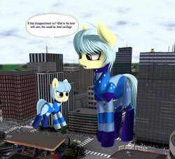 Size: 3300x3000 | Tagged: safe, artist:styroponyworks, oc, oc:ultramare, species:human, species:pony, 3d, balloon, blender, building, car, city, clothing, dialogue, female, gas station, giant pony, macro, mare, parade, people, speech bubble, wat