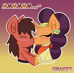 Size: 780x768 | Tagged: safe, artist:snakeythingy, character:saffron masala, oc, oc:sketchy dupe, species:pony, blushing, boop, double boop, dupala, gradient background, holding hooves, kiss boop, kissing, noseboop, sketchffron