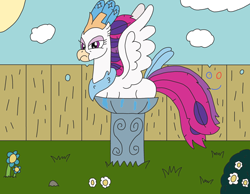 Size: 3294x2550 | Tagged: safe, artist:supahdonarudo, character:queen novo, species:classical hippogriff, species:hippogriff, my little pony: the movie (2017), backyard, behaving like a bird, bird bath, birds doing bird things, bush, ed edd n eddy, fence, flower, if i fits i sits, majestic as fuck, plank, scowl