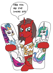 Size: 1458x1991 | Tagged: safe, artist:supahdonarudo, character:princess celestia, character:queen novo, oc, oc:ironyoshi, species:pony, species:unicorn, my little pony: the movie (2017), angry, bedroom eyes, body pillow, clothing, dialogue, exclamation point, holding, interrobang, question mark, shirt, simple background, speech, speech bubble, transparent background, vulgar