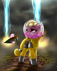 Size: 1600x2000 | Tagged: safe, artist:shido-tara, oc, oc only, oc:puppysmiles, species:earth pony, species:pony, fallout equestria, canterlot ghoul, cloud, cloudy, ear fluff, environmental suit, explosion, fallout equestria: pink eyes, fanfic, fanfic art, female, filly, foal, hazmat suit, hooves, levitation, magic, pink cloud (fo:e), saddle bag, solo, telekinesis, wasteland, weapon