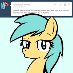 Size: 750x750 | Tagged: safe, artist:datahmedz, character:sunshower raindrops, species:pony, ask, duckface, female, raindropsanswers, solo, tumblr