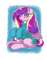 Size: 2550x3300 | Tagged: safe, artist:latecustomer, part of a set, character:princess cadance, species:alicorn, species:pony, blep, clothing, cute, cutedance, female, mare, missing accessory, oversized clothes, silly, sitting, smiling, solo, sweater, tongue out