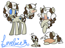 Size: 700x516 | Tagged: safe, artist:laceymod, oc, oc:lovelace, species:pony, species:unicorn, ask lovelace, blushing, chibi, female, mare, pillow, solo