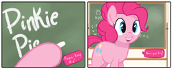 Size: 1500x604 | Tagged: safe, artist:tex, character:pinkie pie, species:earth pony, species:pony, chalk, chalkboard, cropped, cute, dialogue, diapinkes, female, hoof hold, open mouth, solo, speech bubble