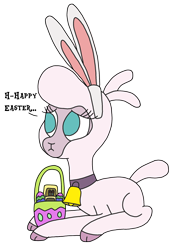 Size: 1308x1890 | Tagged: safe, artist:supahdonarudo, community related, character:pom lamb, species:sheep, them's fightin' herds, basket, bell, bunny ears, cloven hooves, collar, cute, dialogue, easter, easter egg, egg, holiday, lamb, pomabetes, prone, talking