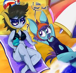 Size: 2500x2394 | Tagged: safe, artist:dragonpone, derpibooru original, species:anthro, species:earth pony, species:pony, species:unguligrade anthro, arm behind head, armpits, bags under eyes, beach, beach ball, beach towel, beach umbrella, belly button, bikini, blushing, clothing, dialogue, duo, duo female, female, food, freckles, frown, headscarf, heart eyes, hip freckles, ice cream, ice cream cone, looking at each other, mare, navel cutout, ocean, on back, one-piece swimsuit, open mouth, question mark, scarf, shoulder freckles, sitting, smiling, soot, soot stain, sooty sweeps, swimsuit, umbrella, wingding eyes