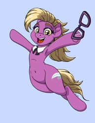 Size: 2550x3300 | Tagged: safe, artist:latecustomer, character:grace manewitz, species:earth pony, species:pony, armpits, belly button, blue background, ear fluff, female, glasses, happy, looking at you, mare, necktie, open mouth, semi-anthro, simple background, smiling, solo, underhoof