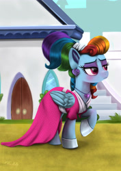 Size: 4250x6000 | Tagged: safe, artist:darksly, character:rainbow dash, species:pegasus, species:pony, episode:sparkle's seven, g4, my little pony: friendship is magic, absurd resolution, alternate hairstyle, blushing, clothing, dress, ear piercing, earring, eyeshadow, female, jewelry, makeup, megaradash, necklace, outdoors, piercing, rainbow dash always dresses in style, raised hoof, shoes, solo