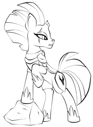 Size: 817x1113 | Tagged: safe, artist:virenth, character:tempest shadow, species:pony, species:unicorn, armor, black and white, broken horn, eye scar, female, grayscale, hoof shoes, horn, lineart, monochrome, raised hoof, scar, solo