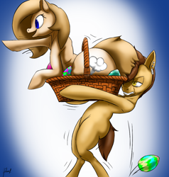 Size: 1000x1050 | Tagged: safe, artist:tracerpainter, oc, oc only, oc:backy, oc:modpone, species:earth pony, species:pony, armpits, basket, bipedal, carrying, duo, easter egg, female, large butt, male, mare, plot, pointing, pony in a basket, stallion, struggling, the ass was fat