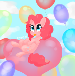Size: 579x583 | Tagged: safe, artist:kaikururu, character:pinkie pie, species:earth pony, species:pony, balloon, blep, cloud, cute, diapinkes, female, heart balloon, mare, silly, sky, solo, tongue out
