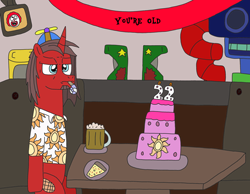 Size: 3288x2550 | Tagged: safe, artist:supahdonarudo, oc, oc only, oc:ironyoshi, alcohol, apple cider (drink), arcade game, banner, birthday, cake, clothing, clown, depressed, depression, food, hat, noisemaker, pizza, play place, shirt, sitting, table, television, text