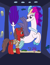 Size: 2531x3282 | Tagged: safe, artist:supahdonarudo, character:queen novo, oc, oc:ironyoshi, species:pony, species:seapony (g4), species:unicorn, my little pony: the movie (2017), aquarium, clothing, coral, eel, fish, jellyfish, looking at each other, rock, shirt, starfish
